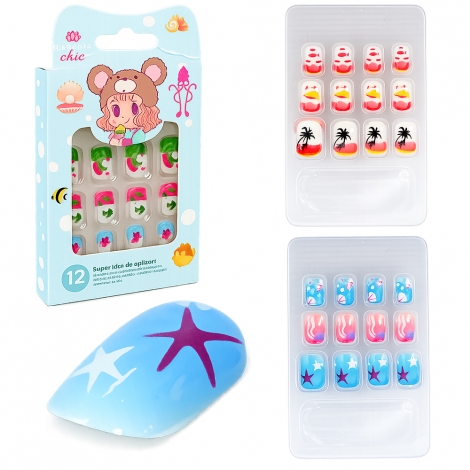 KIT DE UNHAS POSTICAS INFANTIL PARA MAOS SORTIDAS RAINHA CHIC COM 12 PECAS