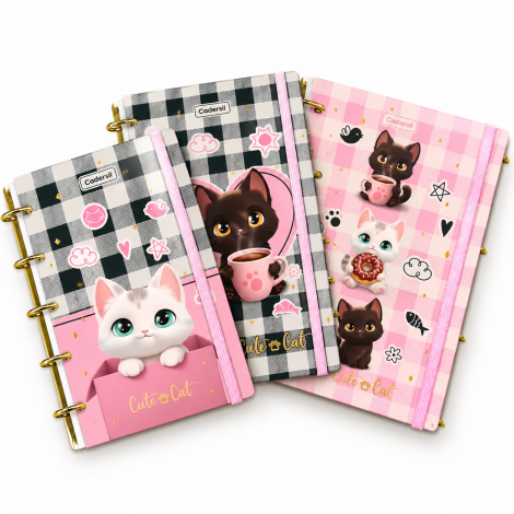 CADERNO COLEGIAL ARGOLADO CRIATIVO CAPA DURA COM FICHAS E ELÁSTICO – CUTE CAT