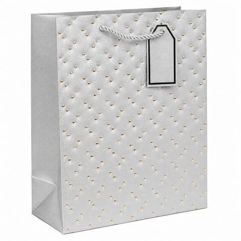 BOLSA SACOLA DE PAPEL PARA PRESENTE PRATA LUXO BOLINHAS 32X26X12CM
